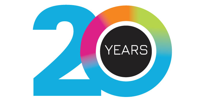 Celebrating 20 years - 20 years graphic in Lifeline IT colours