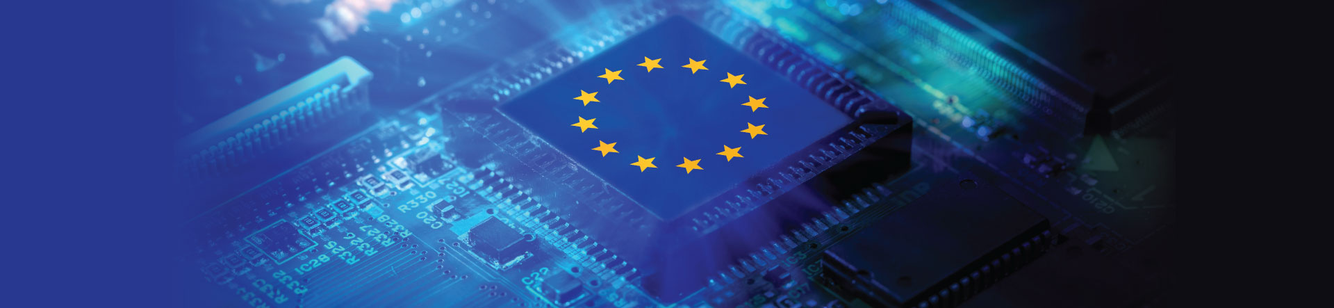 Data Sovereignty - EU circle of stars over a background of IT circuit-board components