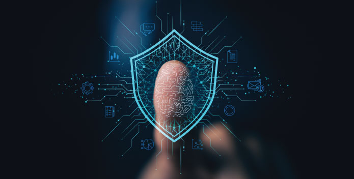 Finger pressing on a cyber security shield