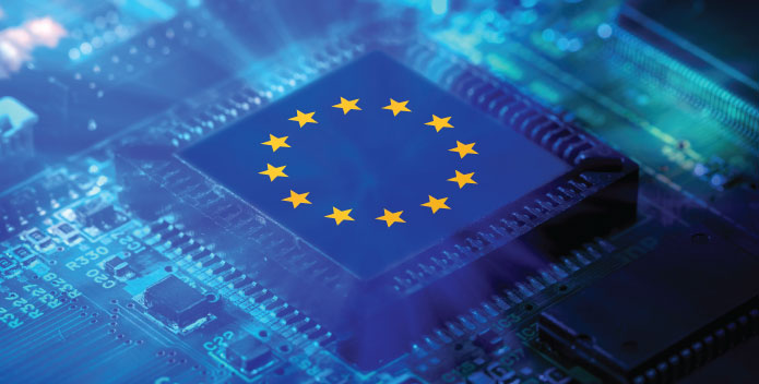 Data Sovereignty - EU circle of stars over a background of IT circuit-board components