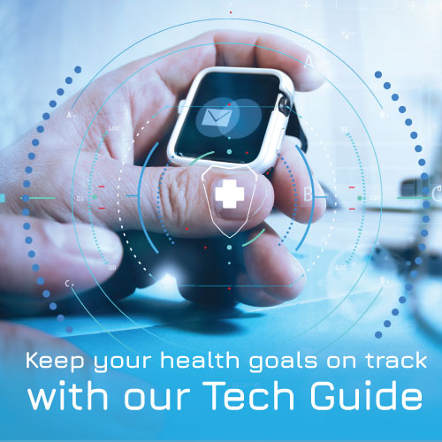 Health and Fitness Tech Guide represented by a hand holding a smartwatch