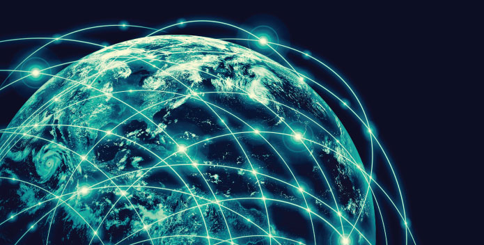 Globe with network paths crisscrossing depicting the Internet