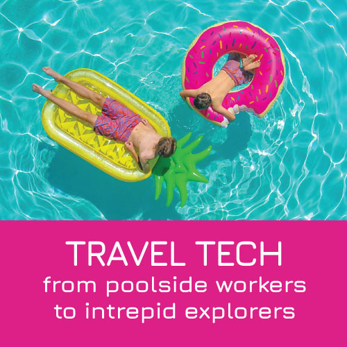 Travel Tech - boys on holiday floating on inflatables in a swimming pool
