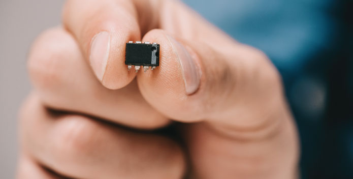 Microchip being held between thumb and forefinger