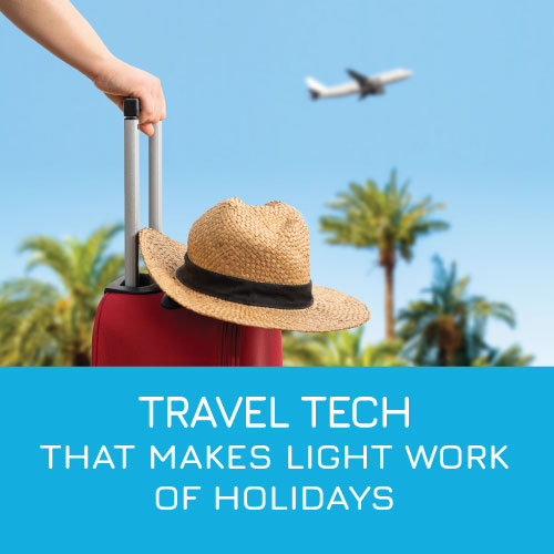 Suitcase with a straw hat resting on top with palm trees and a holiday jet taking off in a clear blue sky - travel tech for holidays
